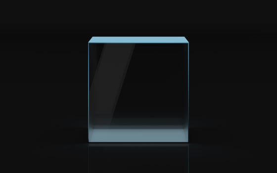 Empty glass showcase with dark background, 3d rendering. photo