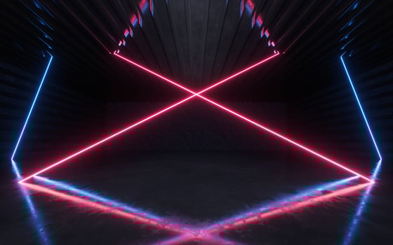 Dark room with glowing neon lines, 3d rendering. photo