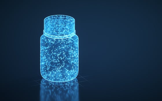 Medicine bottle and blue luminous lines, 3d rendering. photo