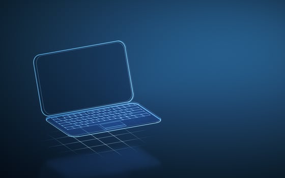Laptop and blue glowing lines with dark background, 3d rendering. photo