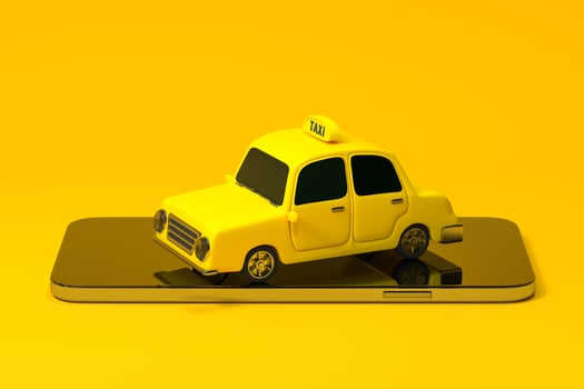 Mini 3D taxi, mini car with a mobile phone, 3d rendering. photo