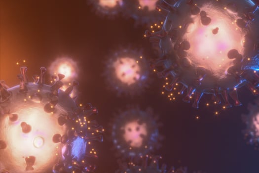 Dispersed corona viruses with dark background, 3d rendering photo