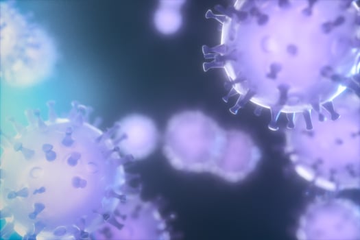 Dispersed corona viruses with dark background, 3d rendering photo