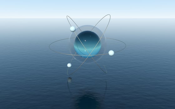 Molecule sphere over the calm ocean, fantastic scene, 3d rendering. photo