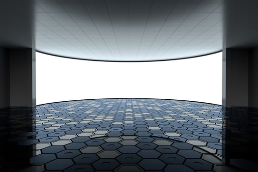 Empty round room with glowing white screen, 3d rendering. photo