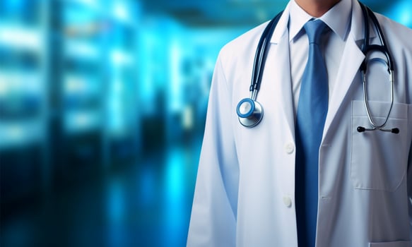 Medical background with a doctors lab coat and stethoscope AI Generated photo