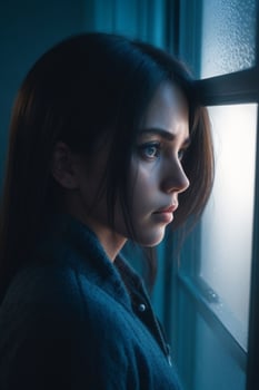 Depressed lonely looking through the window. Generative Ai Pro Photo