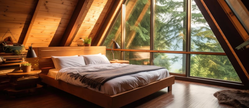 Wooden cabin with a double bed on carpeted floor pyramid shaped bungalow small room with angled walls window lighting neatly made bed and handmade wooden interior photo