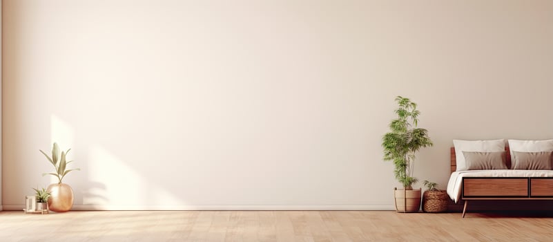 Empty bedroom with bed dresser plant in right corner photo