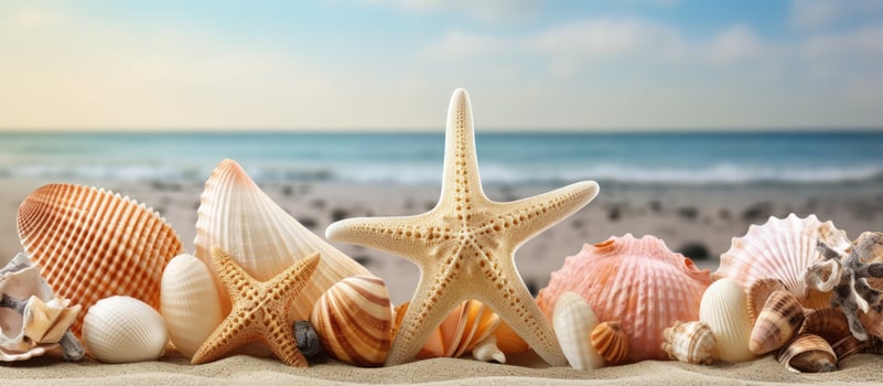 Display of seashells and starfish in coastal vacation home photo