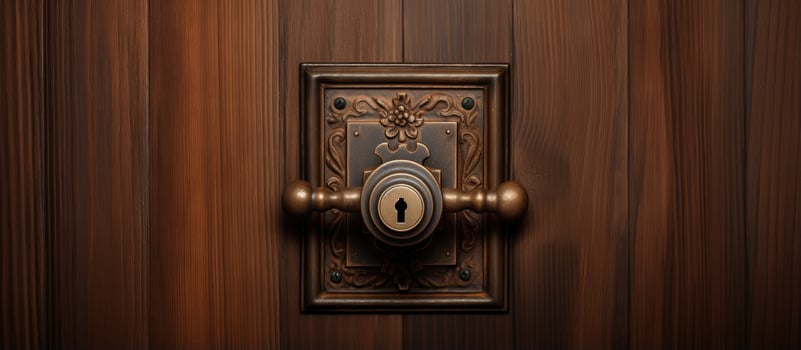 Close up of wooden door with keyhole and doorknob visible photo