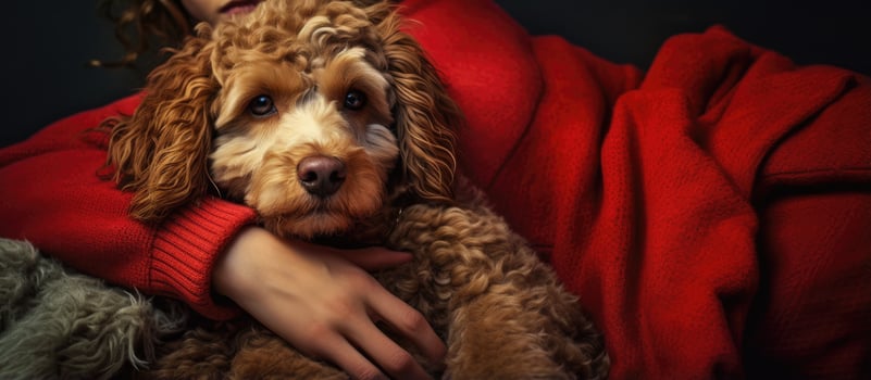 Tired red dog resting on owner s legs loved and cared for by old lady celebrating holidays with family photo