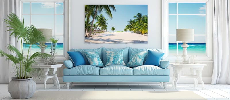 Classic living room with tropical beach view featuring a white sofa photo