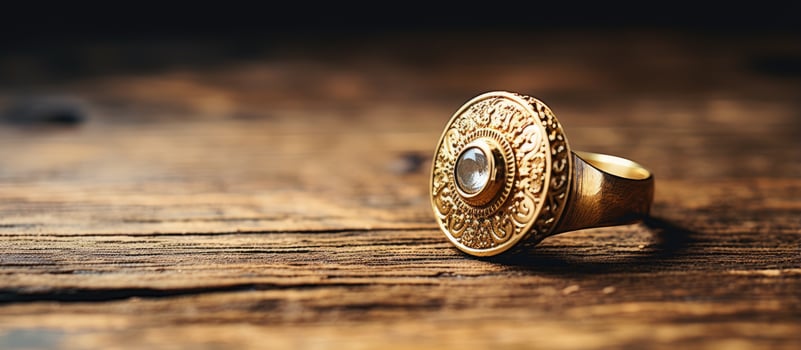 A wooden table with a gold ring photo