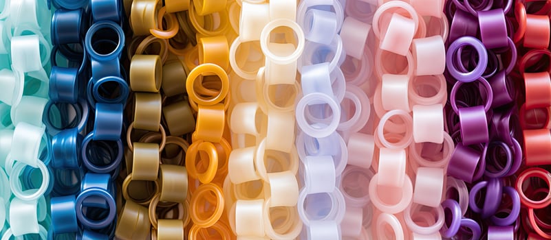 Multicolored plastic eyelets in various shapes for curtain fastening photo