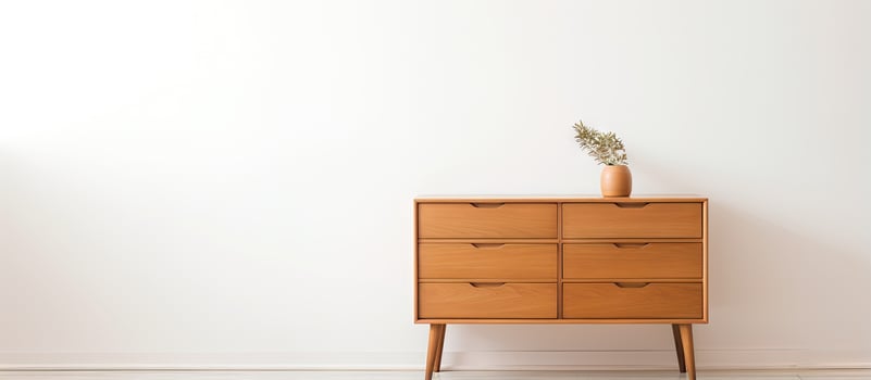 Contemporary wooden dresser on white backdrop photo