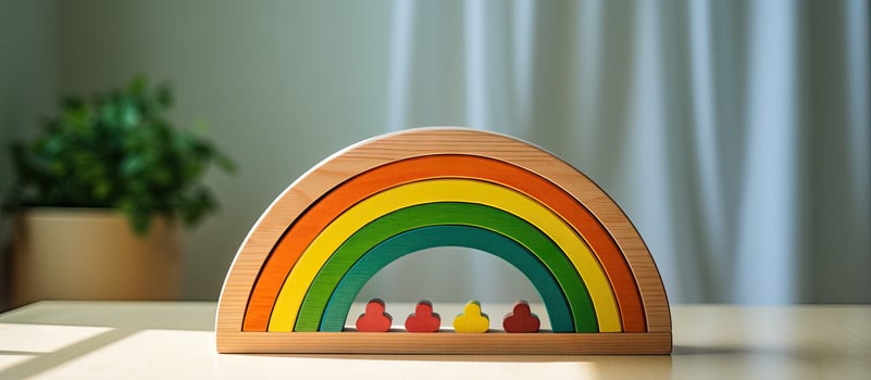 A child s toy made of wood with a rainbow and colorful details photo