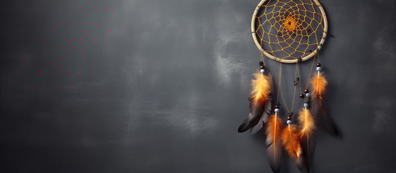 Black and orange thread dream catcher on concrete backdrop photo