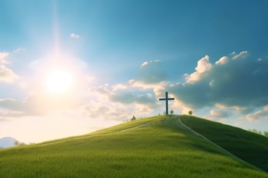 The cross of God with green Leaf, in the rays of the sun and blue sky. Cross on the hill with green trees and graeen natural view. Religious concept, AI Generative photo