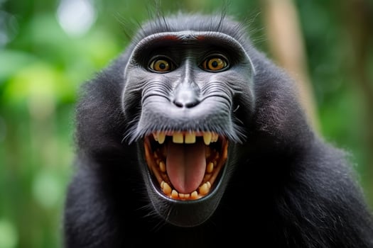 Celebes crested macaque with open mouth. Close up on the green natural background. Generative AI photo