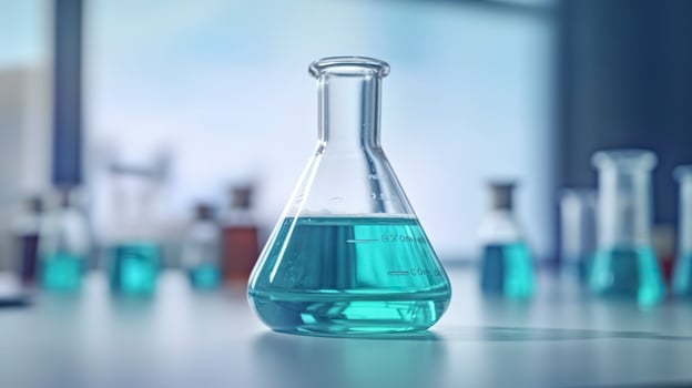 A Science Beaker in the laboratory on a table white and light blue background.. laboratory equipment out of focus. AI Generative photo