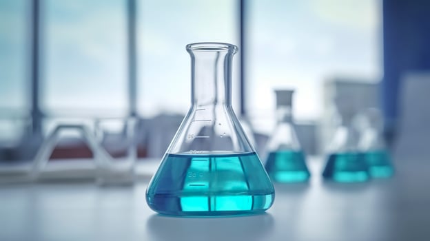 A Science Beaker in the laboratory on a table white and light blue background.. laboratory equipment out of focus. AI Generative photo