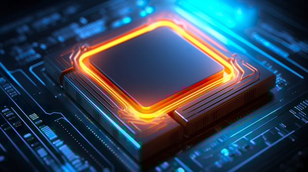 Top View of a Chip with Glowing Light and Fog in Orange and Blue. AI Generative photo