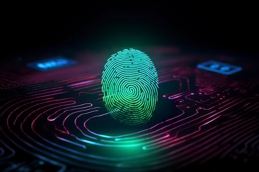 Fingerprint Authentication Button. Biometric Security. Identification and cyber security concept. Glowing neon fingerprint on dark background. AI Generative photo