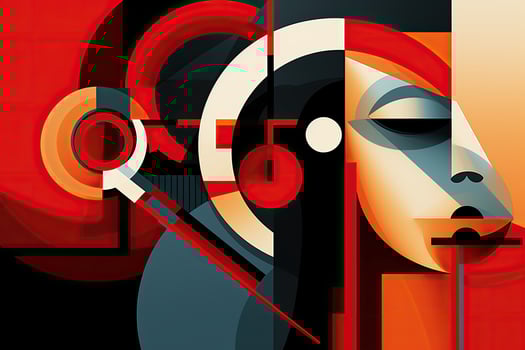 Abstract colorful geometric composition with circles, lines and rectangles on black background, Abstract contemporary minimalism cubism art abstractionism style illustration, AI Generated photo