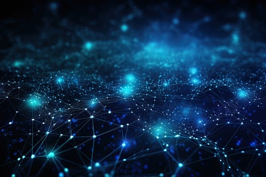 Abstract technology background with connecting dots and lines. Network concept.  Abstract digital background with binary code flowing through a network of interconnected nodes, AI Generated photo