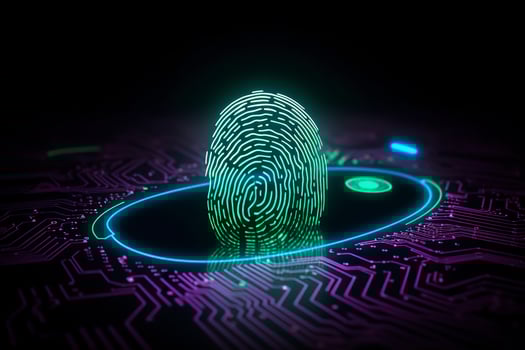 Fingerprint Authentication Button. Biometric Security. Identification and cyber security concept. Glowing neon fingerprint on dark background. AI Generative photo