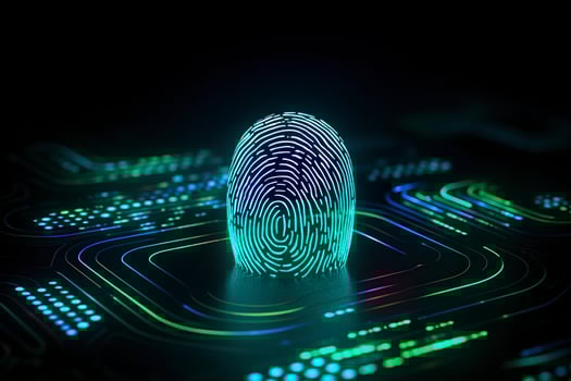Fingerprint Authentication Button. Biometric Security. Identification and cyber security concept. Glowing neon fingerprint on dark background. AI Generative photo