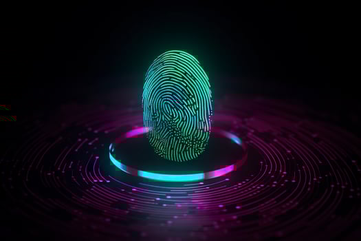 Fingerprint Authentication Button. Biometric Security. Identification and cyber security concept. Glowing neon fingerprint on dark background. AI Generative photo