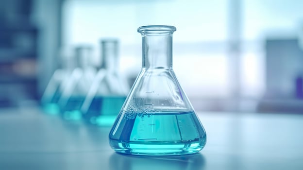 A Science Beaker in the laboratory on a table white and light blue background.. laboratory equipment out of focus. AI Generative photo