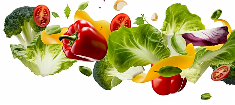 Falling vegetables, salad of bell pepper, tomato, and lettuce leaves. Generative AI photo