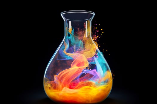 Close Up of a Science Beaker Filled with Multi Colored Liquids. AI Generative photo