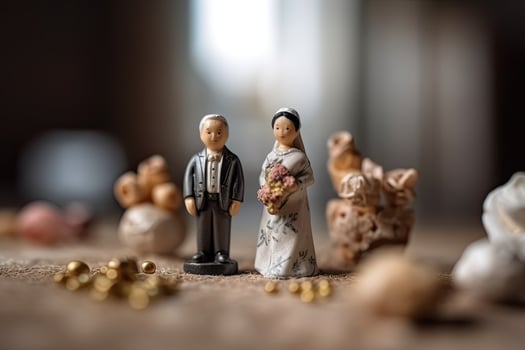 Miniature figure of newlyweds. Husband and wife in wedding attire. Concert of classic wedding and romantic Valentine's day. Happy little toy man and woman created with Generative AI Technology photo
