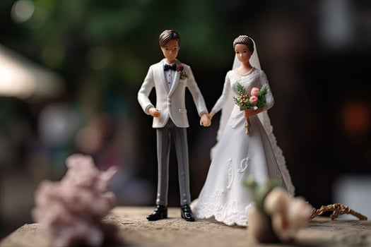 Miniature figure of newlyweds. Husband and wife in wedding attire. Concert of classic wedding and romantic Valentine's day. Happy little toy man and woman created with Generative AI Technology photo