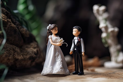Miniature figure of newlyweds. Husband and wife in wedding attire. Concert of classic wedding and romantic Valentine's day. Happy little toy man and woman created with Generative AI Technology photo