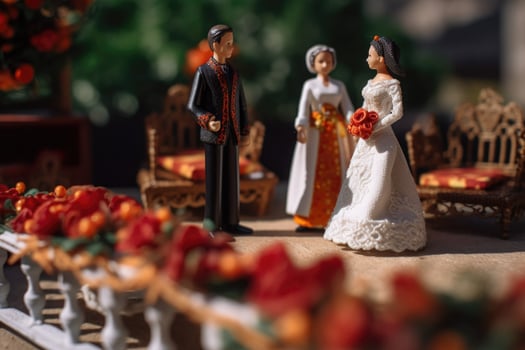 Spanish or Mexican wedding in miniature style. Two lovers in beautiful wedding dresses. Little toy husband and wife. Concept of love, romance created with Generative AI Technology photo