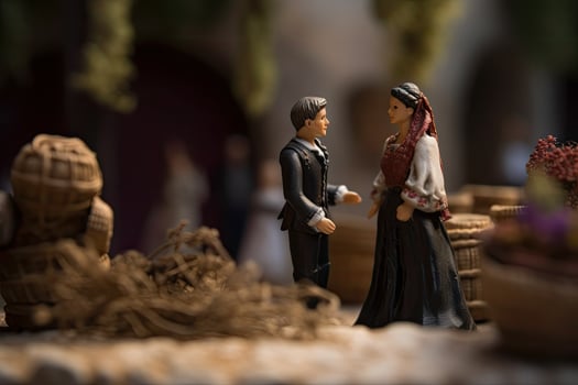 Spanish or Mexican wedding in miniature style. Two lovers in beautiful wedding dresses. Little toy husband and wife. Concept of love, romance created with Generative AI Technology photo