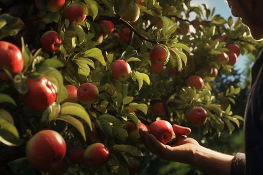 Farmer harvesting apples in orchard on sunny day. Male gardener picking apples in orchard. ai generated pro photo