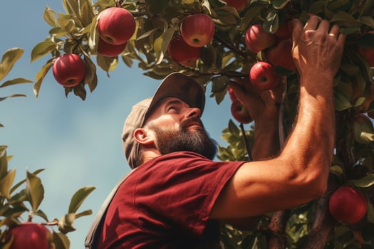 Farmer harvesting apples in orchard on sunny day. Male gardener picking apples in orchard. ai generated pro photo