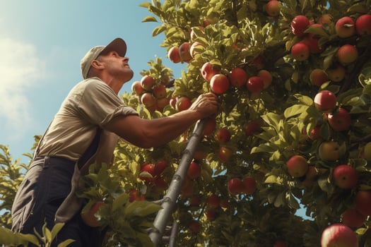Farmer harvesting apples in orchard on sunny day. Male gardener picking apples in orchard. ai generated pro photo