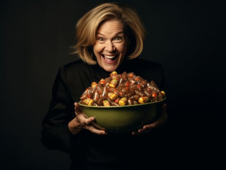 Woman in a Halloween costume holding a bowl of candy with mischievous grin AI Generative photo