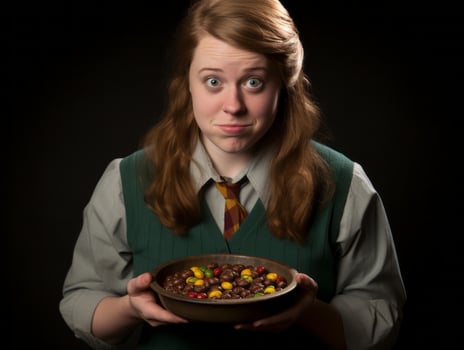 Woman in a Halloween costume holding a bowl of candy with mischievous grin AI Generative photo