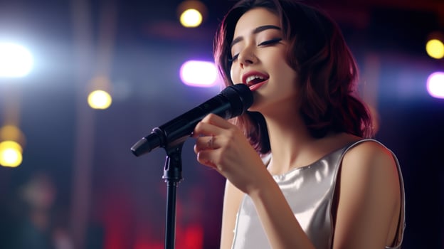 Beautiful girl in karaoke club photo