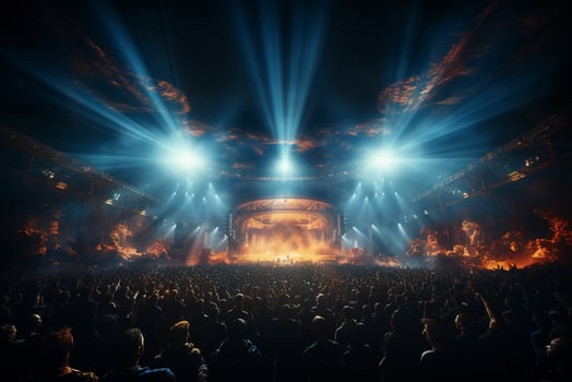 Ai generative Crowded Concert Stage Scenery With Spotlights and Colored Lights realistic image, ultra hd photo
