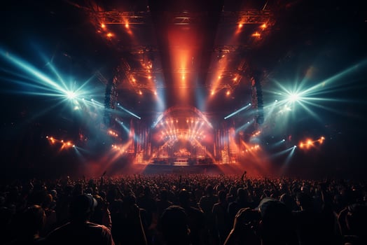 Ai generative Crowded Concert Stage Scenery With Spotlights and Colored Lights realistic image, ultra hd photo