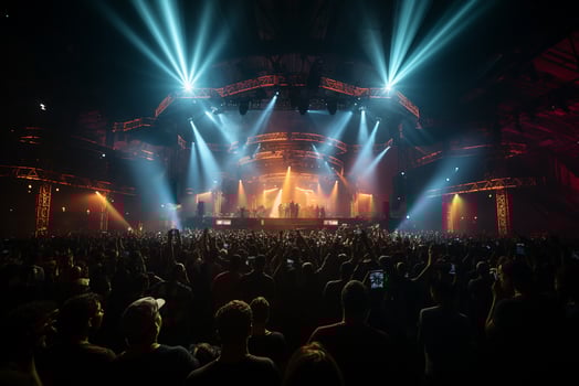 Ai generative Crowded Concert Stage Scenery With Spotlights and Colored Lights realistic image, ultra hd photo